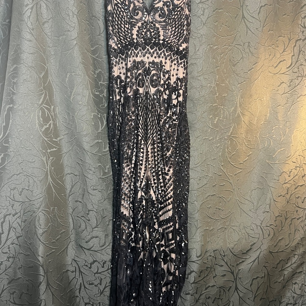 Elegant Black and Nude Sequin Evening Gown